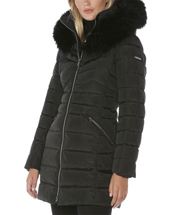 Laundry By Shelli Segal Women's Faux Fur Trim Hooded Puffer Coat Black Size Small