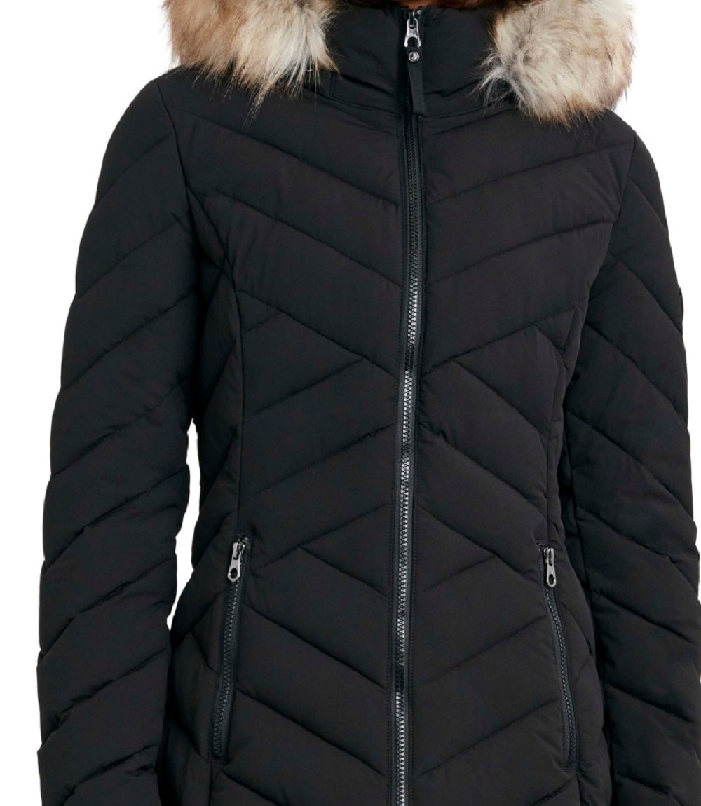 Nautica Women's Faux Fur Trim Hooded Stretch Puffer Coat Black Size Small