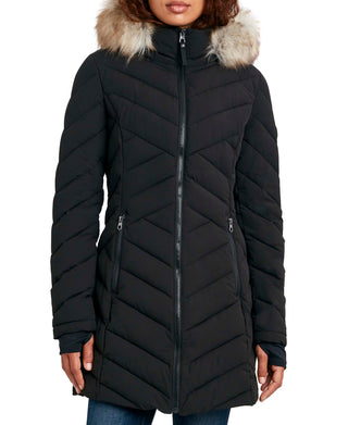 Nautica Women's Faux Fur Trim Hooded Stretch Puffer Coat Black Size Small