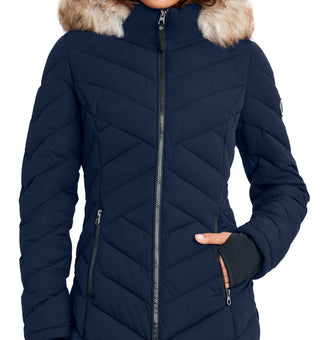 Nautica Women's Faux Fur Trim Hooded Stretch Puffer Coat Blue Size X-Large