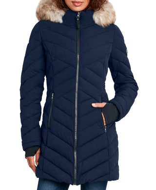 Nautica Women's Faux Fur Trim Hooded Stretch Puffer Coat Blue Size X-Large