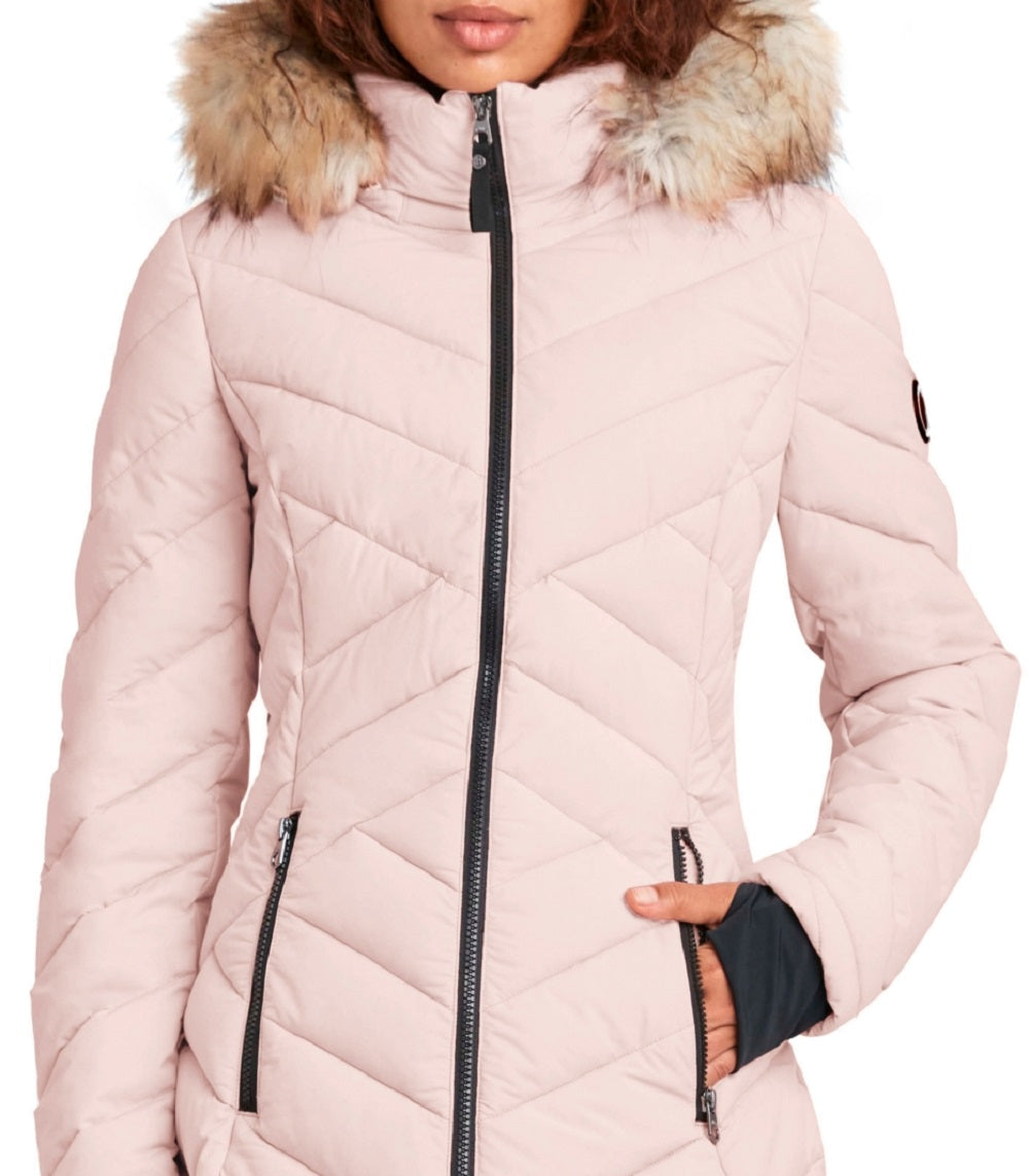 Nautica Women's Faux Fur Trim Hooded Stretch Puffer Coat Pink Size XX-Large