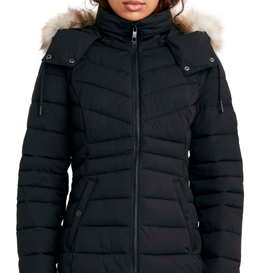 Nautica Women's Faux Fur Trim Hooded Puffer Coat Black Size X-Large