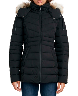 Nautica Women's Faux Fur Trim Hooded Puffer Coat Black Size X-Large