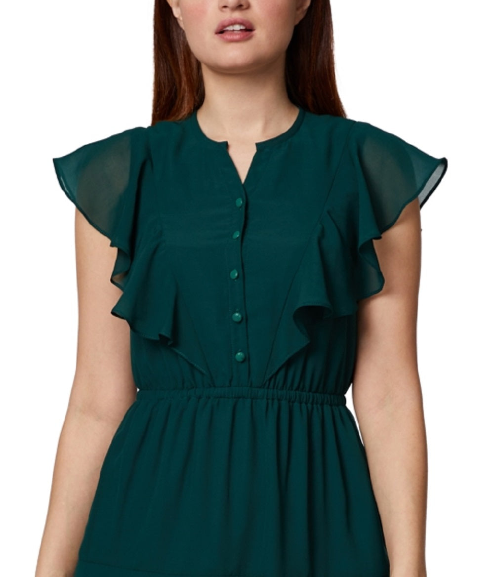 Sage Women's Ruffled Sheer Button Lined Flutter Sleeve Split Short Evening Fit Flare Dress Green Size 6Petite