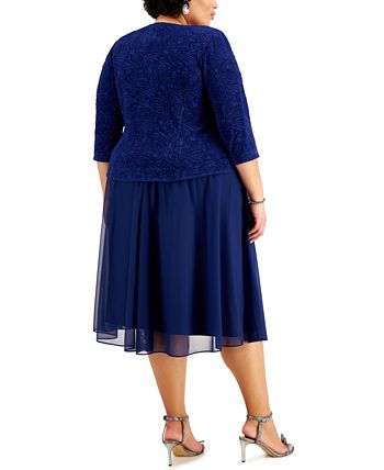 Alex Evenings Women's Glitter Mock Two Piece Dress With Jacket Blue Size 14W