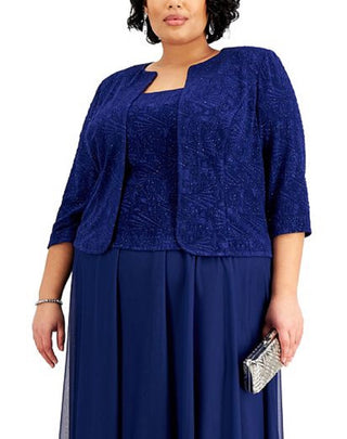 Alex Evenings Women's Glitter Mock Two Piece Dress With Jacket Blue Size 14W