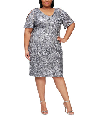 Alex Evenings Women's Slit Sleeve Sequin Cocktail Minidress Gray Size 18W
