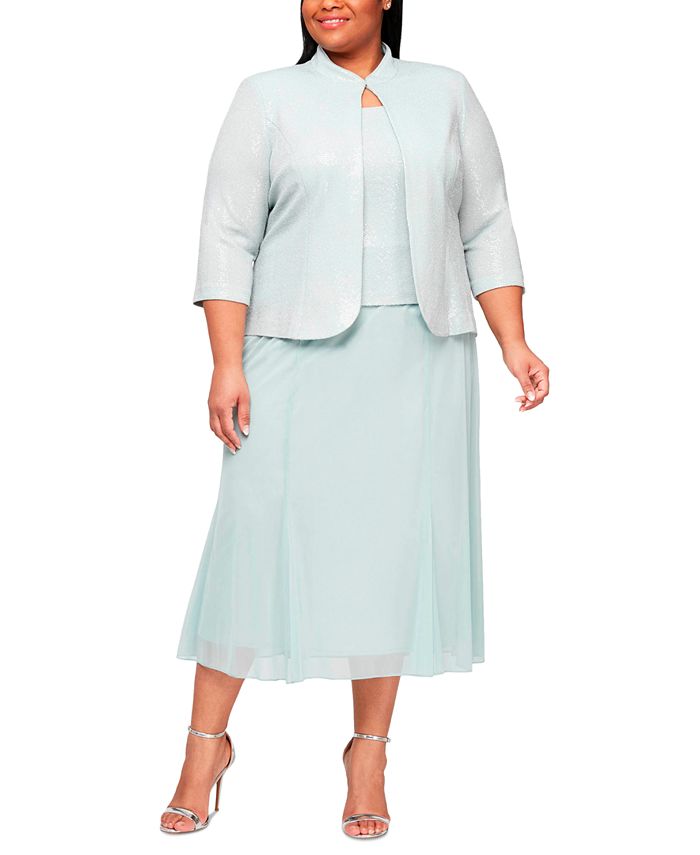 Alex Evenings Women's Sparkle Mock Two Piece Midi Cocktail Dress With Jacket Green Size 24W