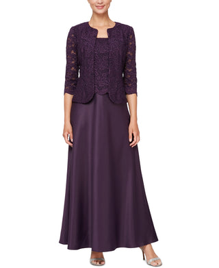 Alex Evenings Women's Embroidered Lace Mock Two Piece Gown With Jacket Purple Size 10