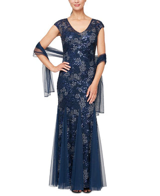 Alex Evenings Women's Sequin Embroidered Trumpet Gown Blue Size 12