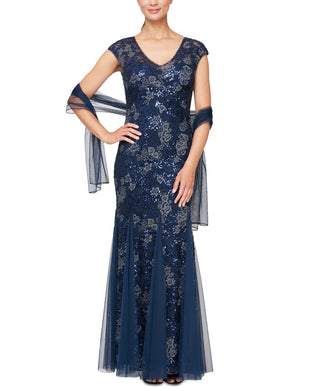 Alex Evenings Women's Sequin Embroidered Trumpet Gown Blue Size 8