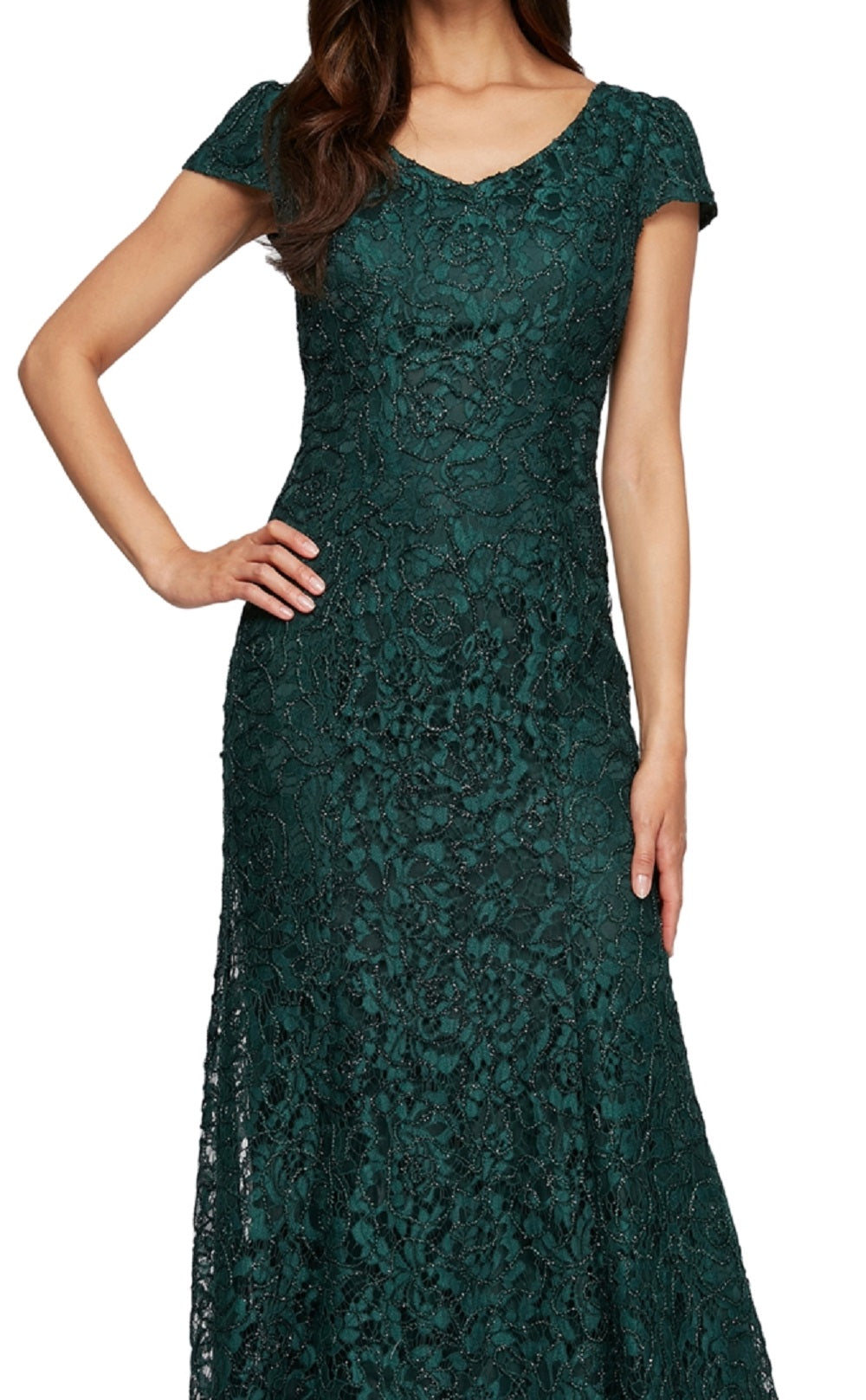 Alex Evenings Women's Lace V Neck Fit & Flare Gown Green Size 8