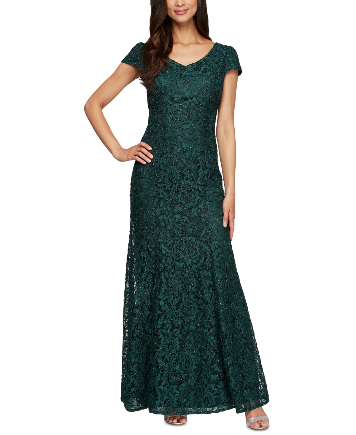 Alex Evenings Women's Lace V Neck Fit & Flare Gown Green Size 8