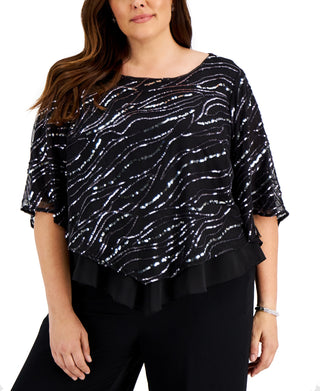Alex Evenings Women's Sequin Popover Top Black Size 2X