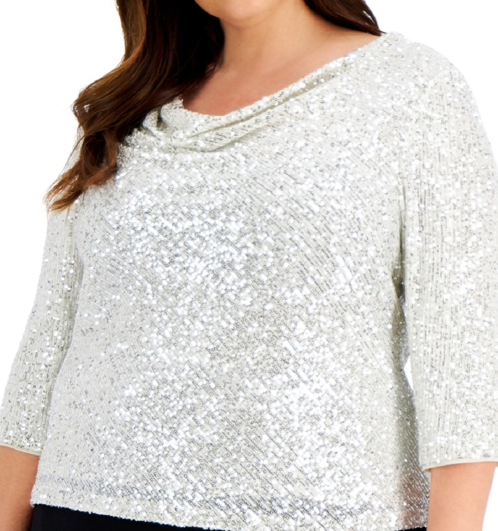 Alex Evenings Women's Sequin Cowlneck Top Gray Size 2X