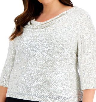 Alex Evenings Women's Sequin Cowlneck Top Gray Size 2X