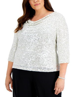 Alex Evenings Women's Sequin Cowlneck Top Gray Size 2X