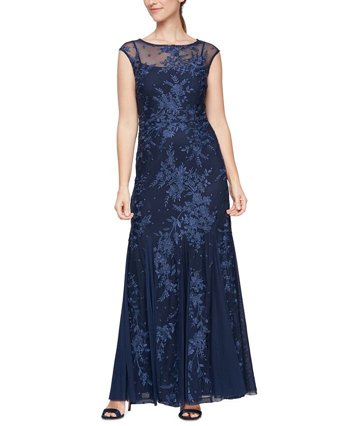 Alex Evenings Women's Embroidered Trumpet Gown Blue Size 14