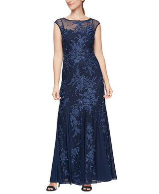Alex Evenings Women's Embroidered Trumpet Gown Blue Size 14