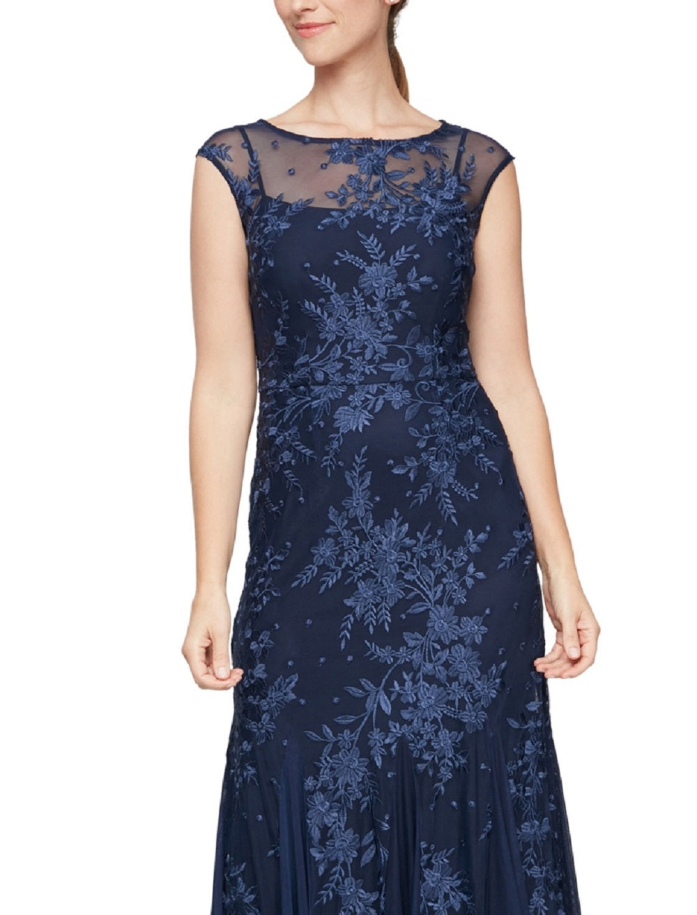 Alex Evenings Women's Embroidered Trumpet Gown Blue Size 14