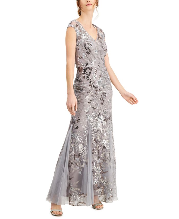 Alex Evenings Women's Sequin Floral Fit & Flare Gown Gray Size 12