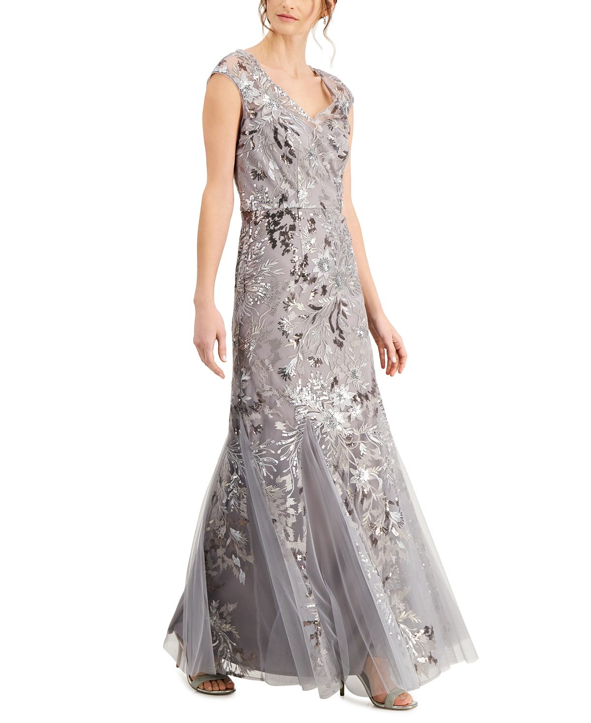 Alex Evenings Women's Sequin Floral Fit & Flare Gown Gray Size 12