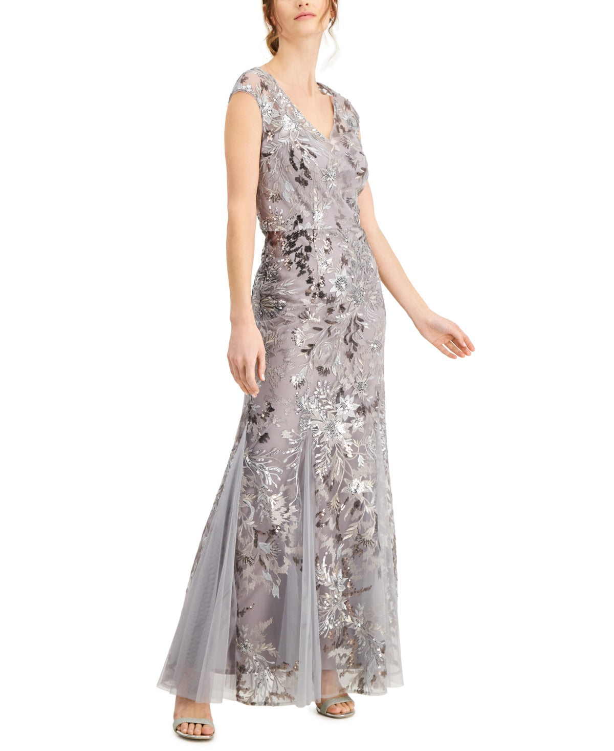 Alex Evenings Women's Sequin Floral Fit & Flare Gown Gray Size 16
