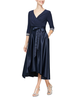 Alex Evenings Women's Surplice Neck Tea Length Dress Blue Size 8