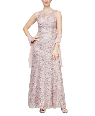 Alex Evenings Women's Embroidered Gown & Shawl Set Pink Size 6Petite