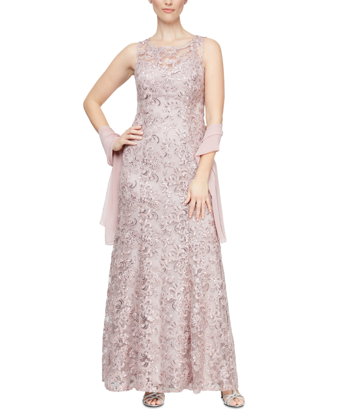 Alex Evenings Women's Embroidered Gown & Shawl Set Pink Size 12Petite