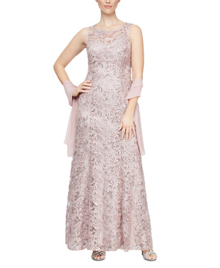 Alex Evenings Women's Embroidered Gown & Shawl Set Pink Size 12Petite