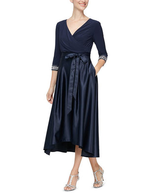 Alex Evenings Women's Surplice Neck Tea Length Dress Blue Size 6 Petite