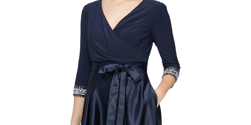 Alex Evenings Women's Surplice Neck Tea Length Dress Blue Size 6 Petite