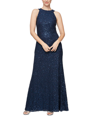 Alex & Eve Women's Sequin & Lace Drape Back Gown Blue Size 12