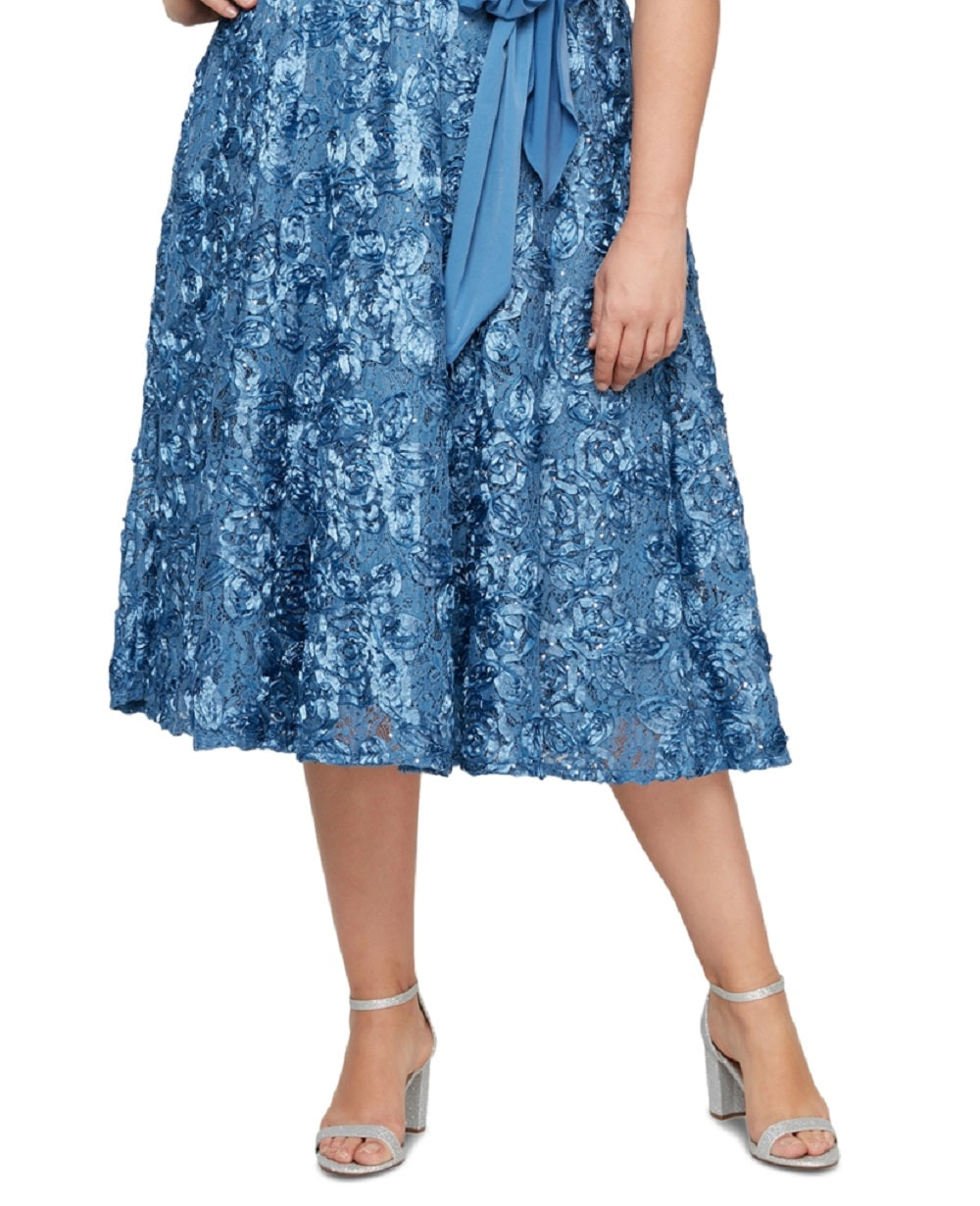 Alex Evenings Women's Tea Length Jersey & Rosette Lace Dress Blue Size 16W