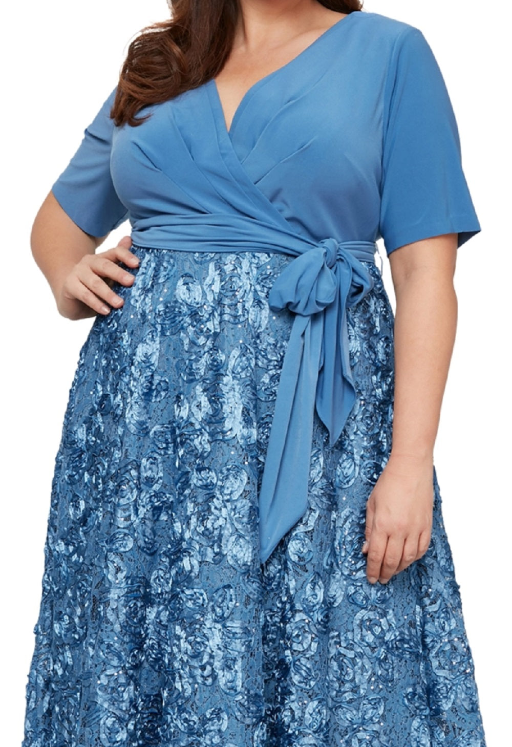 Alex Evenings Women's Tea Length Jersey & Rosette Lace Dress Blue Size 18W