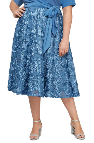 Alex Evenings Women's Tea Length Jersey & Rosette Lace Dress Blue Size 18W