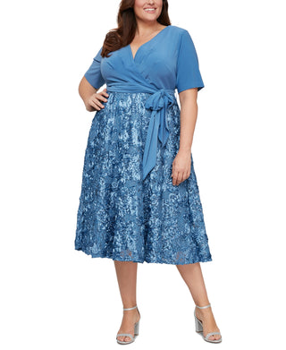 Alex Evenings Women's Tea Length Jersey & Rosette Lace Dress Blue Size 18W