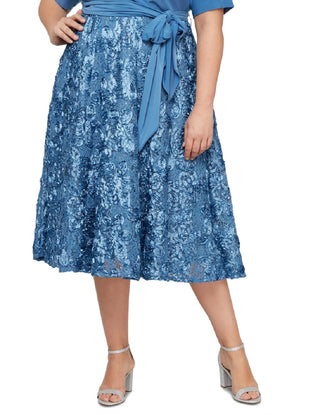 Alex Evenings Women's Tea Length Jersey & Rosette Lace Dress Blue Size 22W