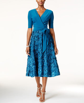 Alex Evenings Women's Mixed Media Midi Dress Blue Size 18