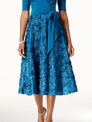 Alex Evenings Women's Mixed Media Midi Dress Blue Size 18