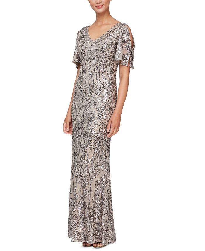 Alex Evenings Women's Sequin Lace Cold Shoulder Trumpet Gown Pink Size 16 Petite