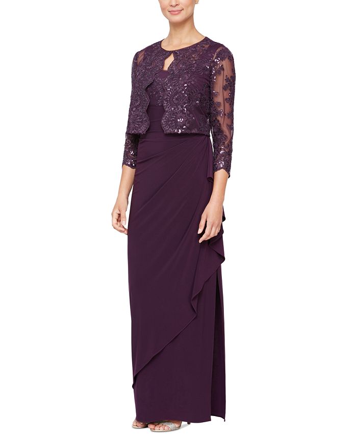 Alex Evenings Women's Embroidered Empire Gown With Jacket Purple Size 16