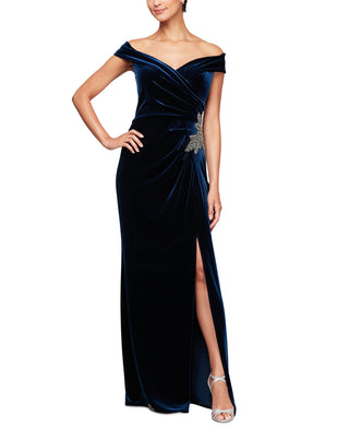 Alex Evenings Women's Velvet Off The Shoulder Evening Gown Blue Size 18