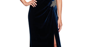 Alex Evenings Women's Velvet Off The Shoulder Evening Gown Blue Size 18