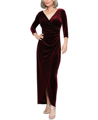 Alex Evenings Women's Velvet Ruched 3/4 Sleeve Gown Red Size 14W