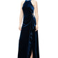 Alex Evenings Women's Velvet Beaded Trim Ruffled Gown Blue Size 12