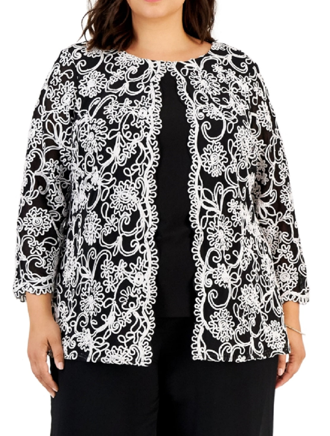 Alex Evenings Women's Embroidered Mock Twinset Top Black Size 1X