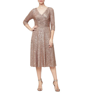 Alex Evenings Women's Sequined 3/4 Sleeve Dress Brown Size 14